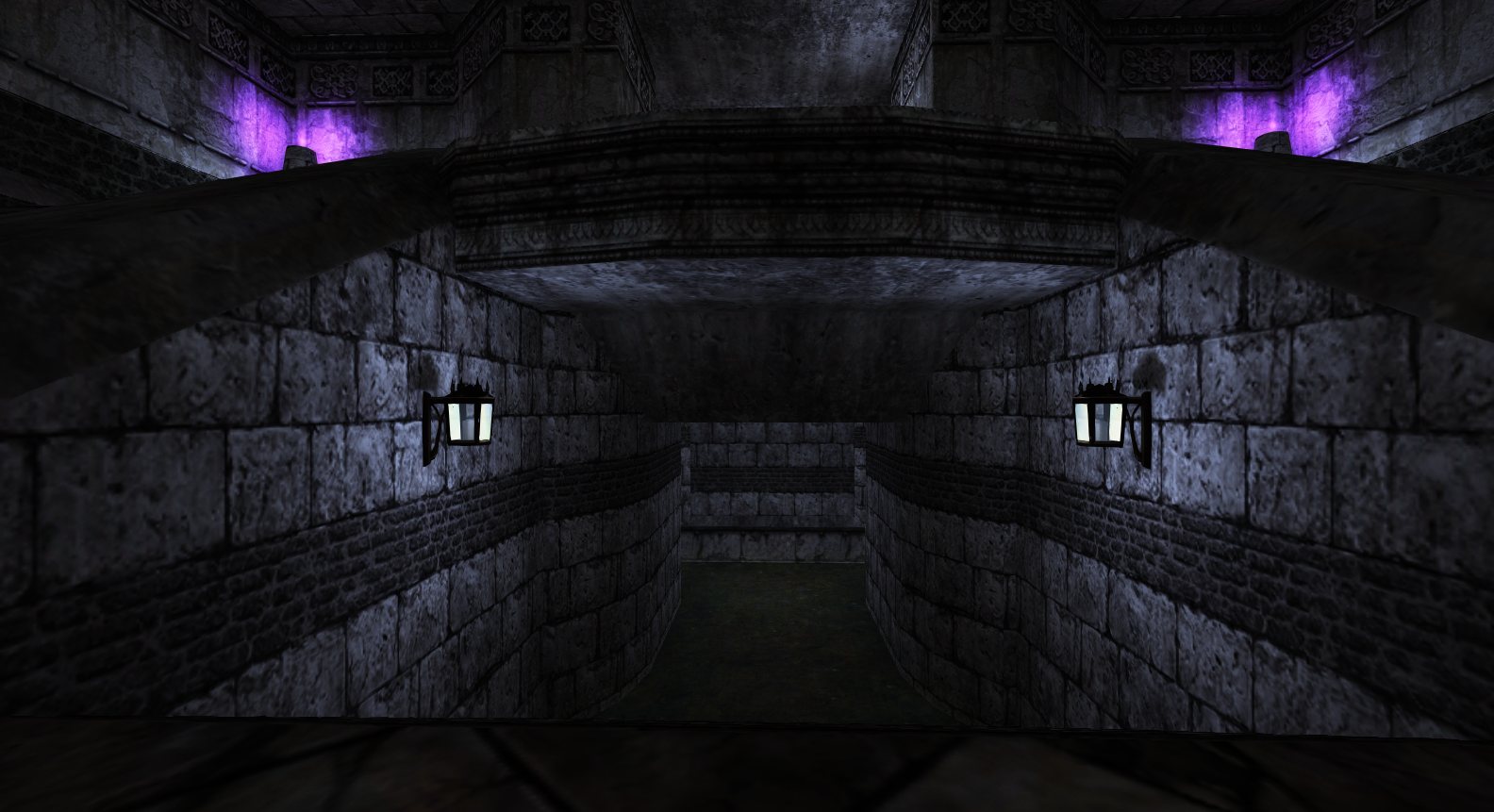 The corridor with ray-traced lighting: the ceiling falls into shadow