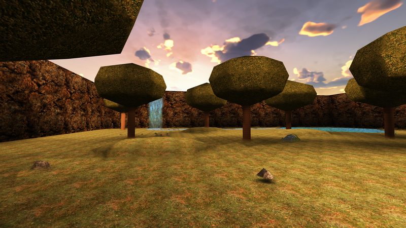 Reeslin’s Forest at sunset: round-topped trees and a waterfall under pink and gold cloud