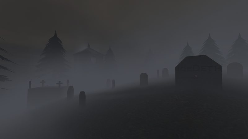 Headstones and pine trees fading into fog on a hillside
