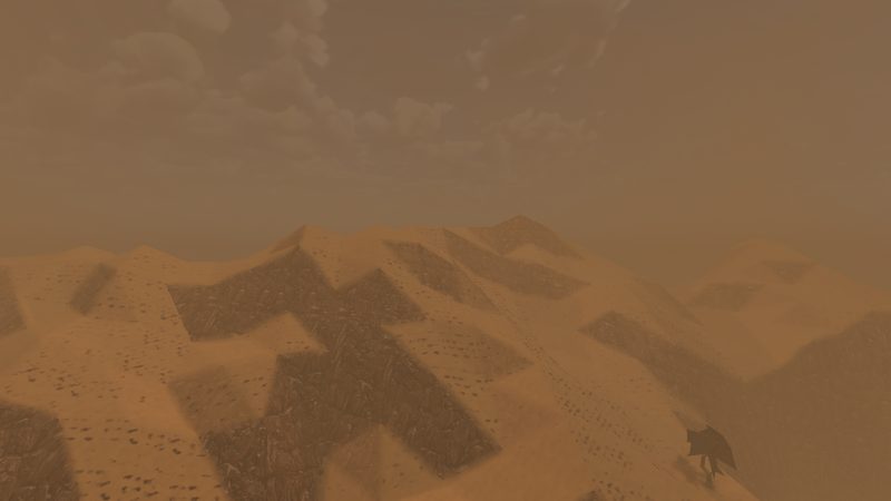 Dunes under an orange sky thick with blown sand