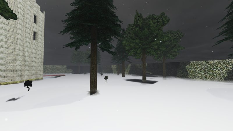Snow lying deep around pine trees below a stone tower, flakes still falling