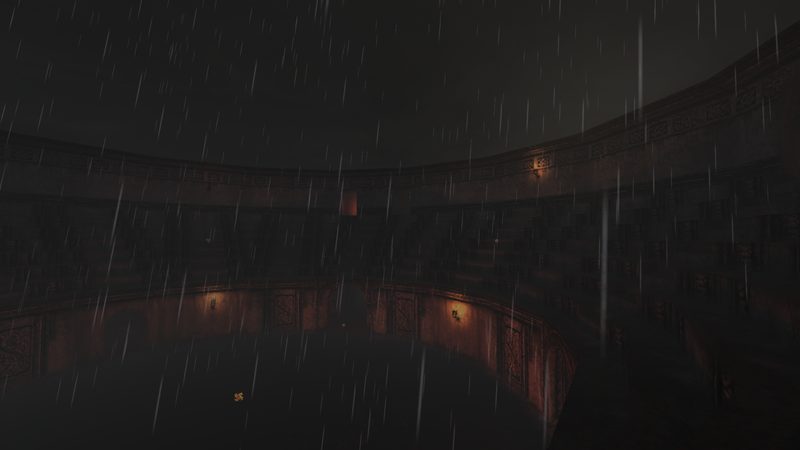 Rain falling across the dark desert arena in a storm