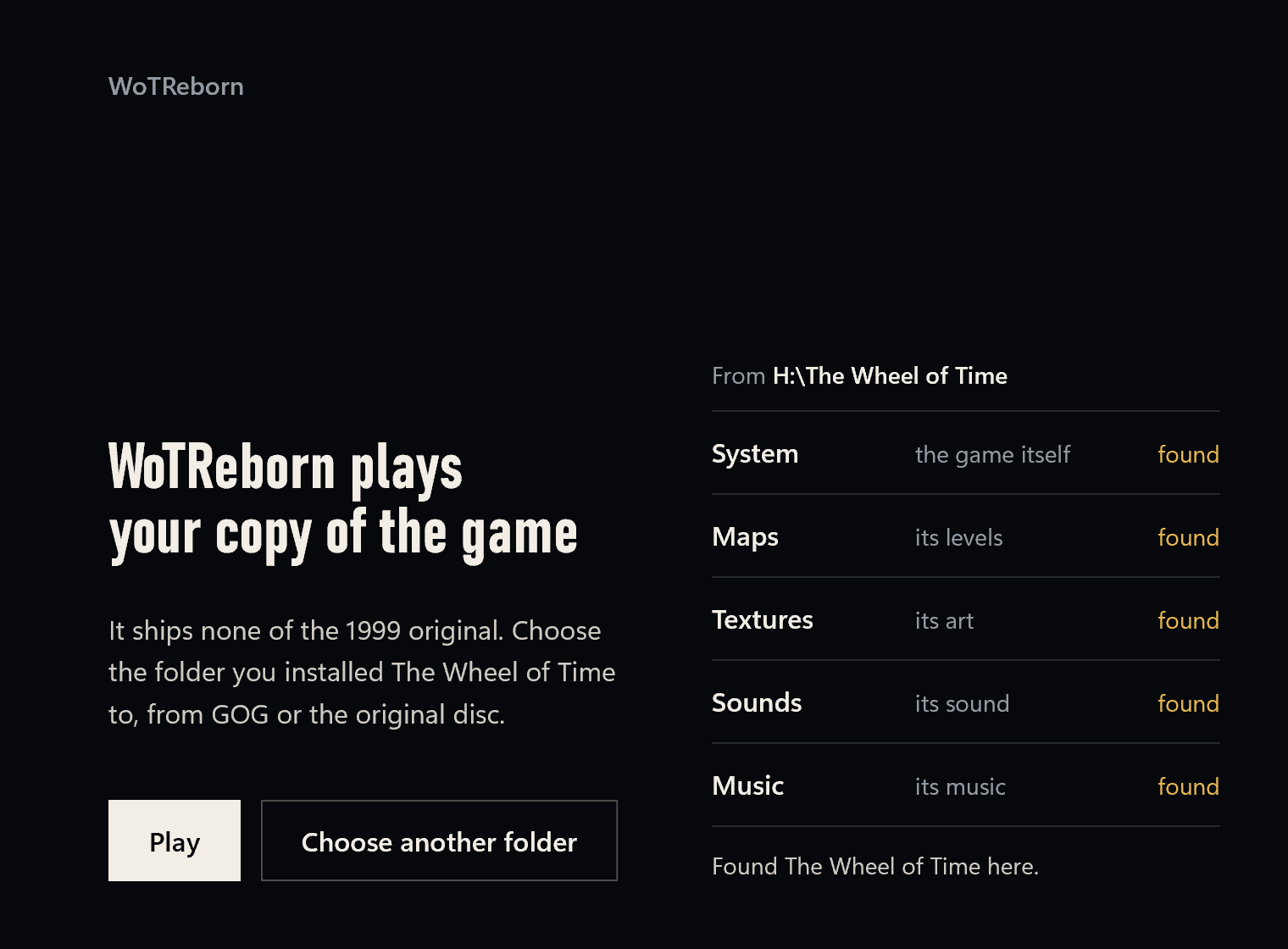 The WoTReborn first-run window listing the game’s system, maps, textures, sounds and music as found